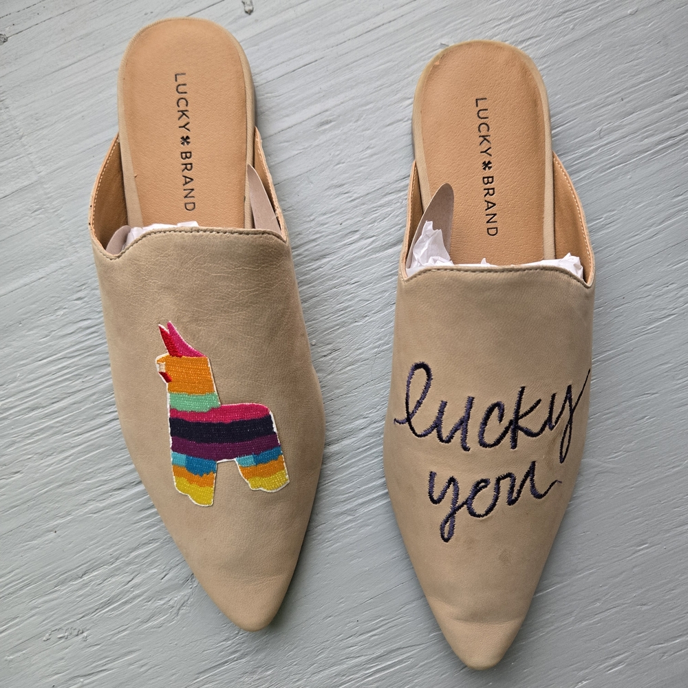 Lucky Brand Womens Blythh 2 Travertine 10 M Embroidered Mules Lucky You Piñata